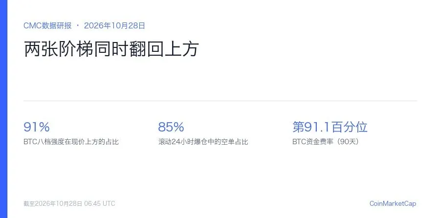 资金费率落在90天第91百分位，而被强平的85%是空头：两张阶梯同时翻回上方